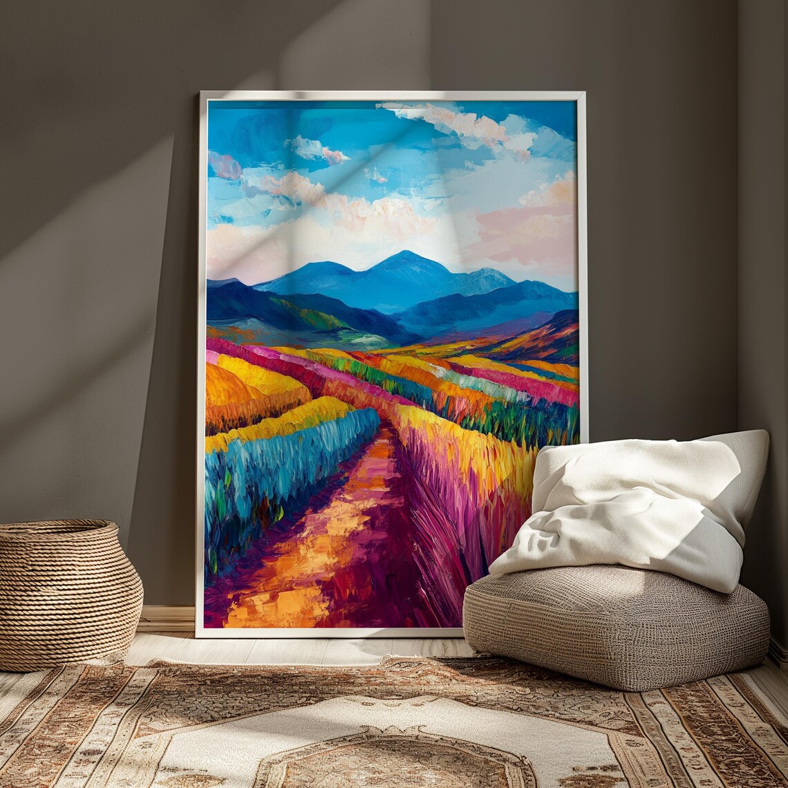 Rainbow Crop Fields Blue Mountains Pink Clouds Harvest Path Landscape Poster - Image 3