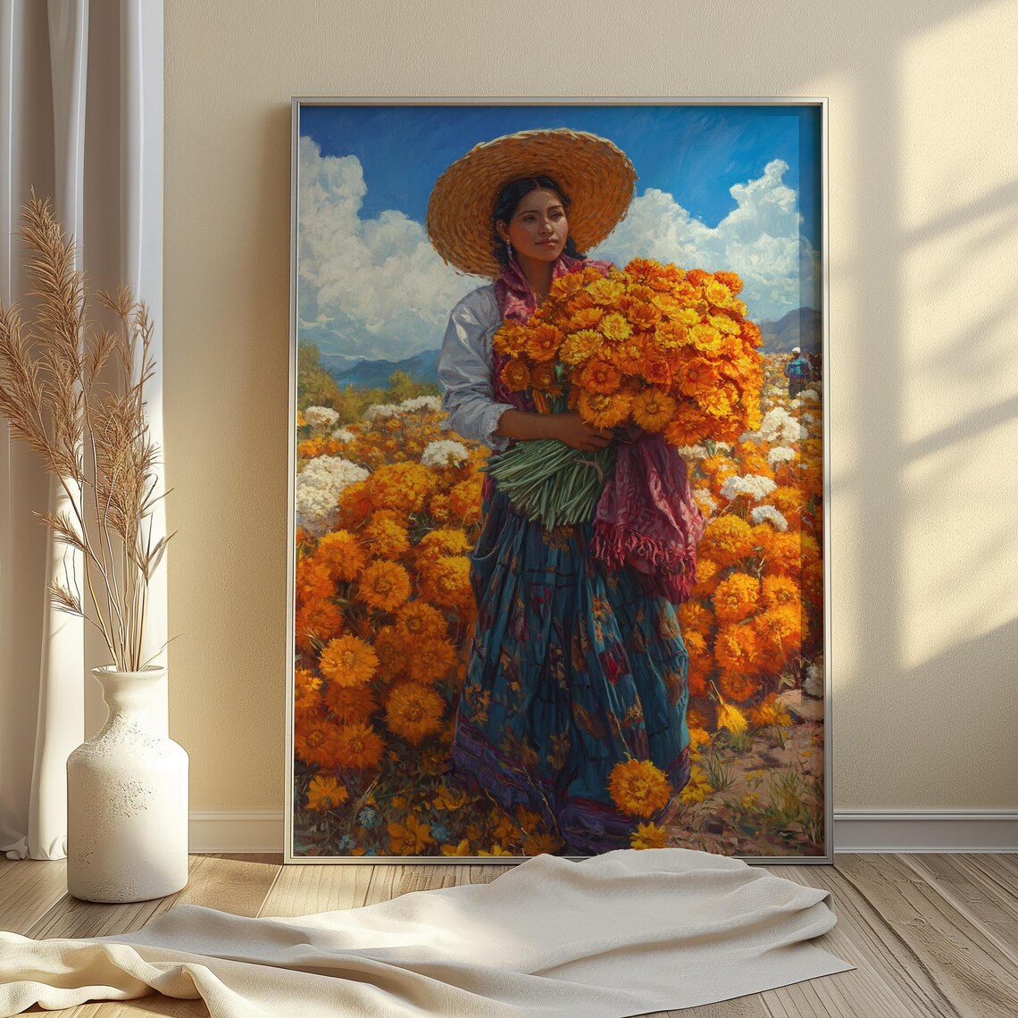 Mexican Woman Marigold Harvest Traditional Folk Art Portrait Wall Poster - Image 2