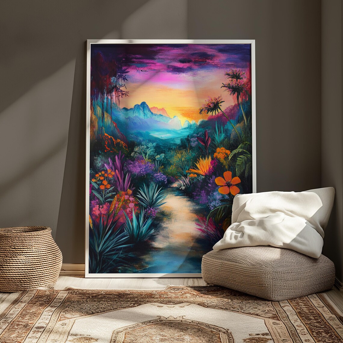 Dreamy Jungle Path Sunset Magenta Sky Lush Flowers Mountain View Landscape Poster - Image 3