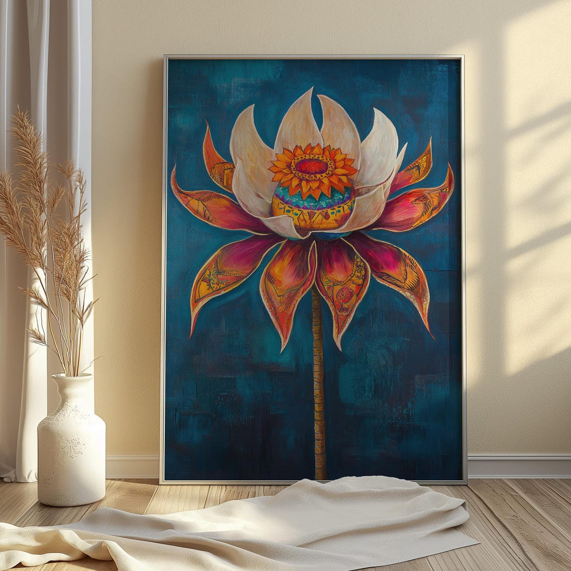 Elegant White Magenta Lotus Sun Center Deep Teal Floral Art Poster - Image 4