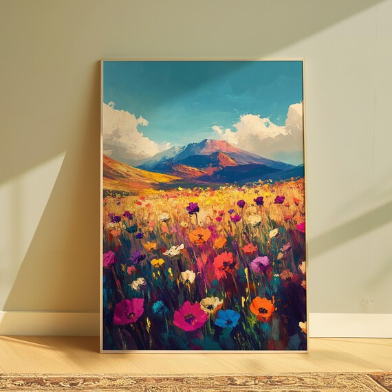 Colorful Wildflower Field Mountain View Impressionist Art Print
