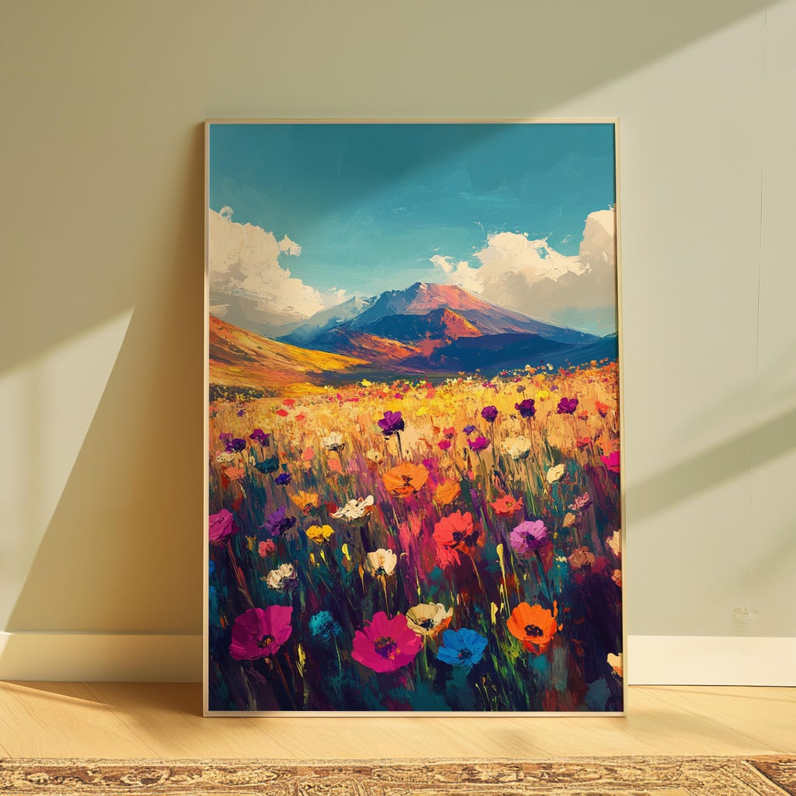 Colorful Wildflower Field Mountain View Impressionist Art Print
