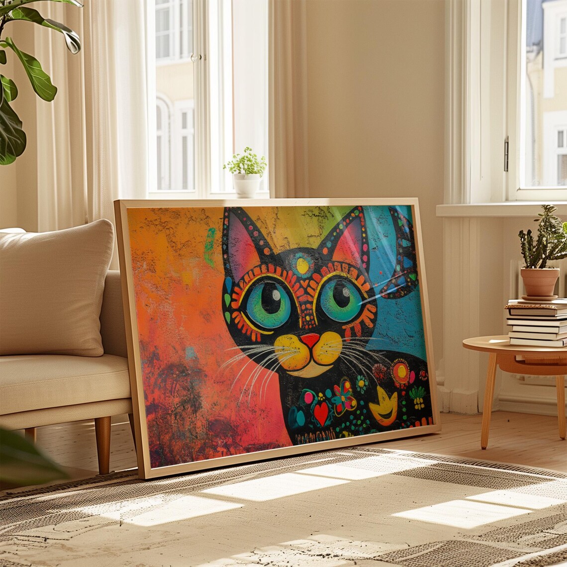 Black Cat Folk Art Portrait Big Blue Eyes Hearts Flowers Decor Poster - Image 4