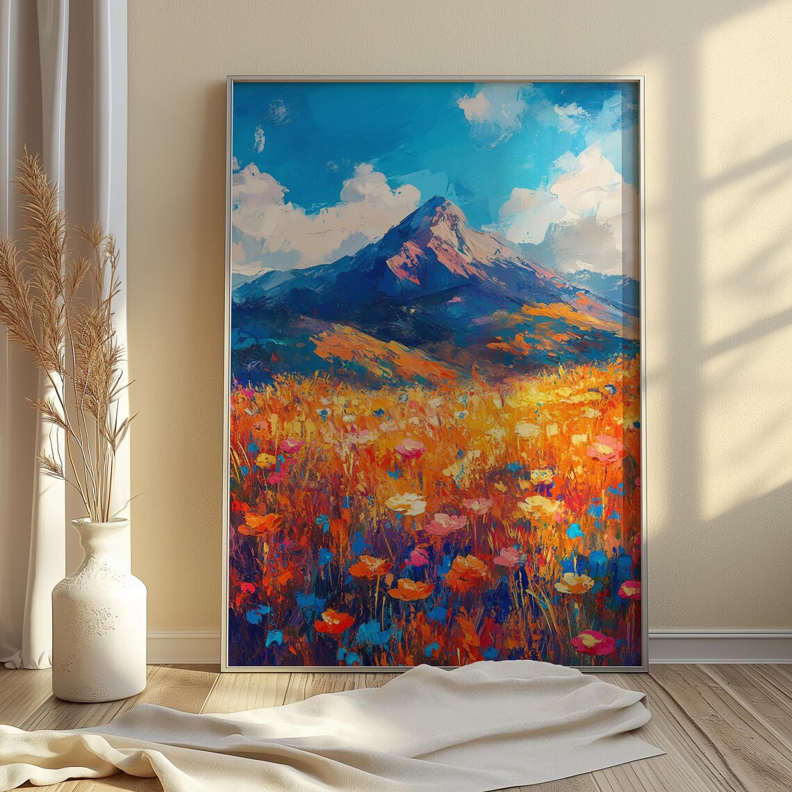 Majestic Mountain Peak Orange Wildflower Meadow Blue Sky Landscape Poster - Image 4