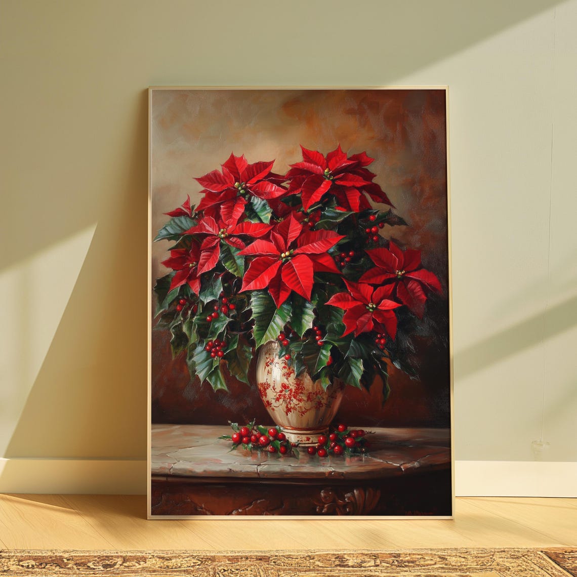 Red Poinsettia Holly Cream Vase Marble Table Christmas Poster