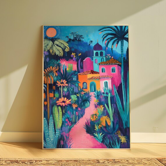 Colorful Mexican Village Night Pink Houses Bell Tower Art Print