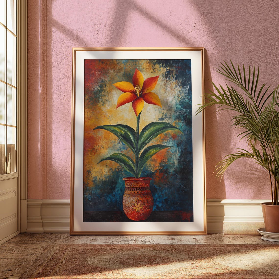 Orange Lily Terracotta Pot Rustic Folk Still Life Floral Poster - Image 2