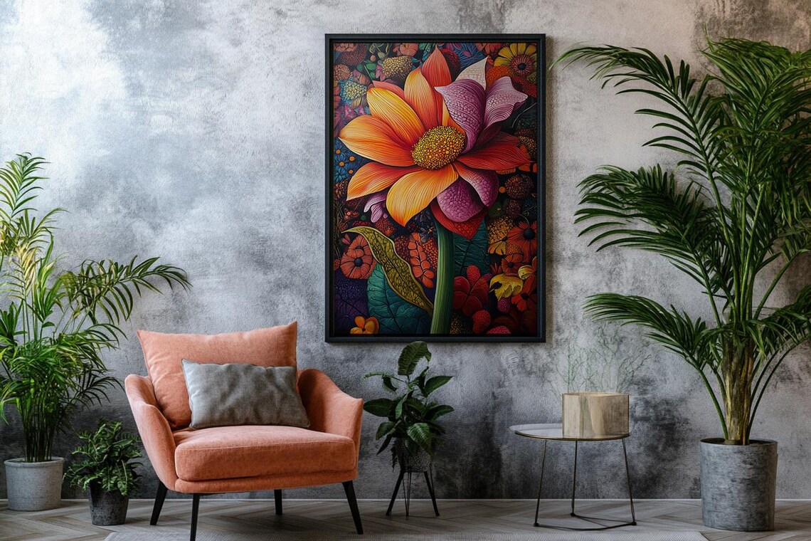 Giant Orange Purple Daisy Lush Garden Vivid Floral Painting Art Poster - Image 2
