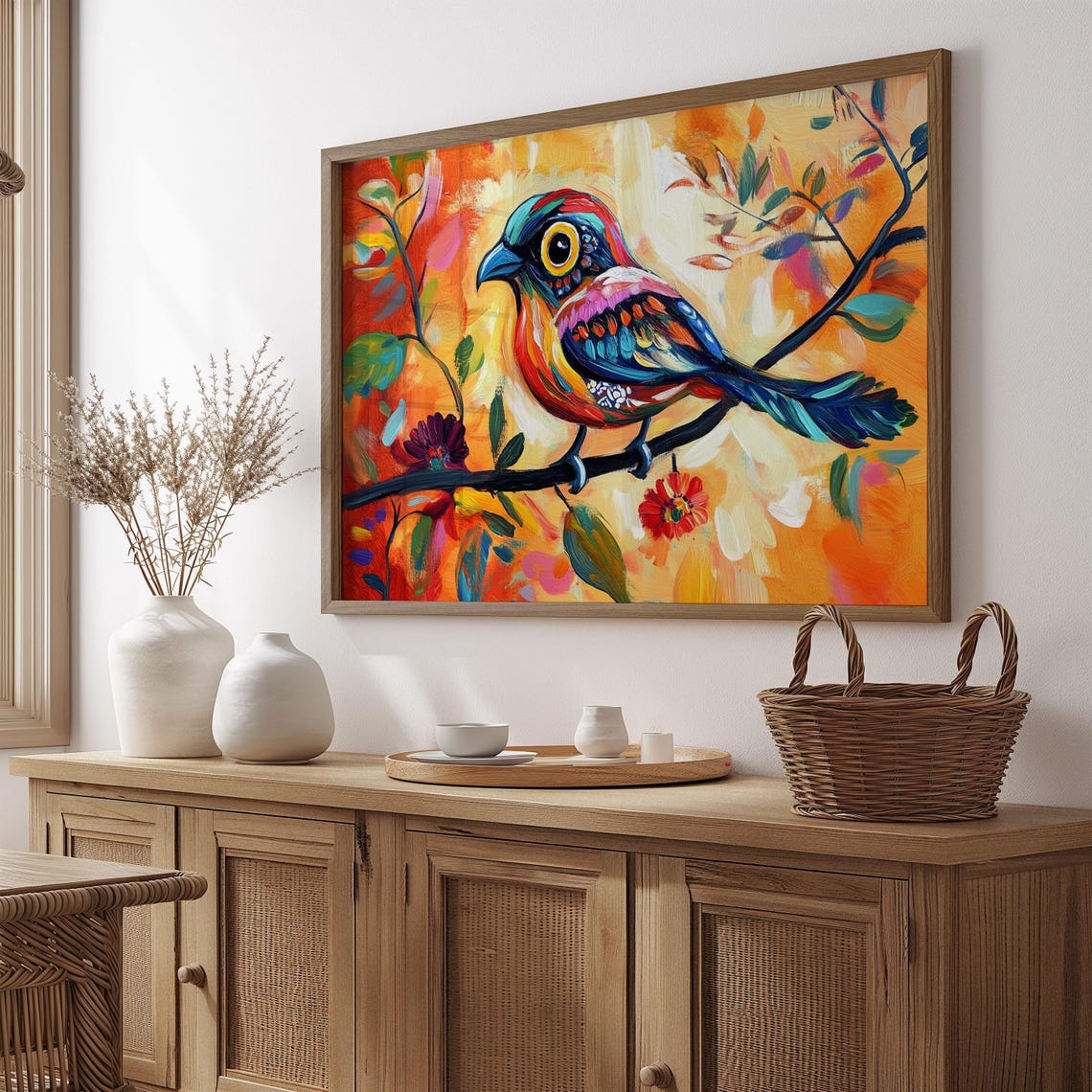 Colorful Perched Rainbow Bird Warm Orange Abstract Nature Poster