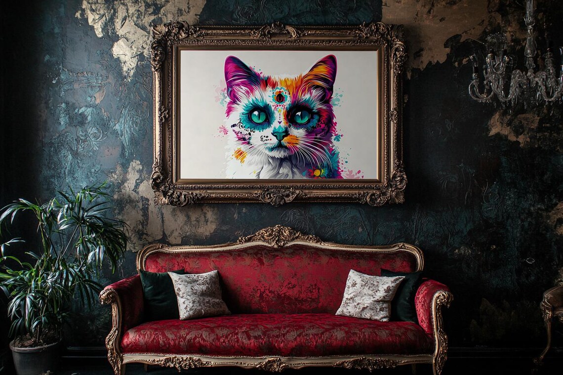 Sweet White Kitten With Colorful Watercolor Fur Teal Eyes Poster - Image 2