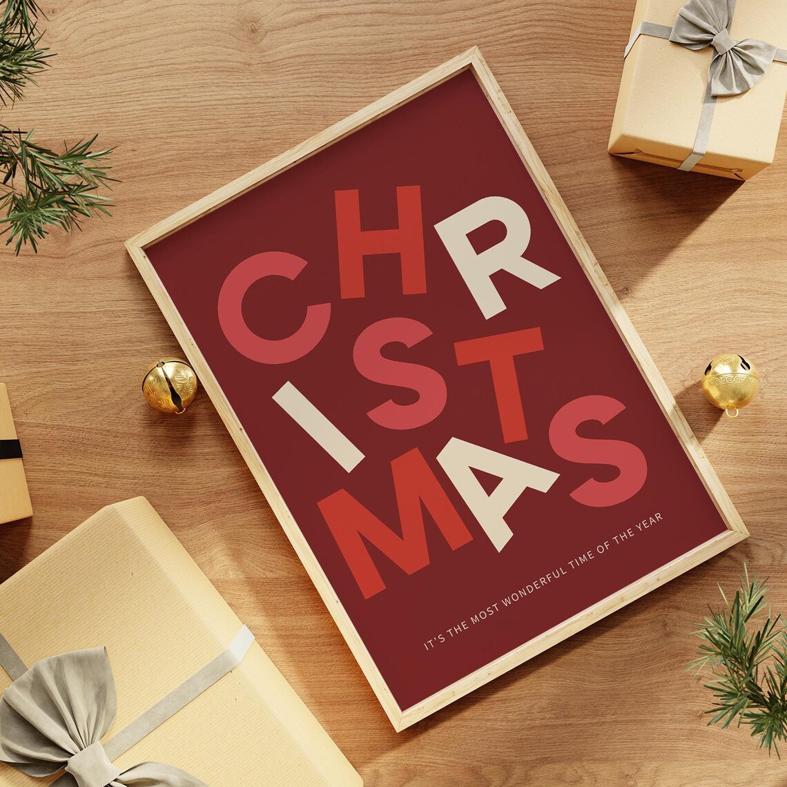 Christmas Scattered Letters Burgundy Red Modern Holiday Word Art Poster