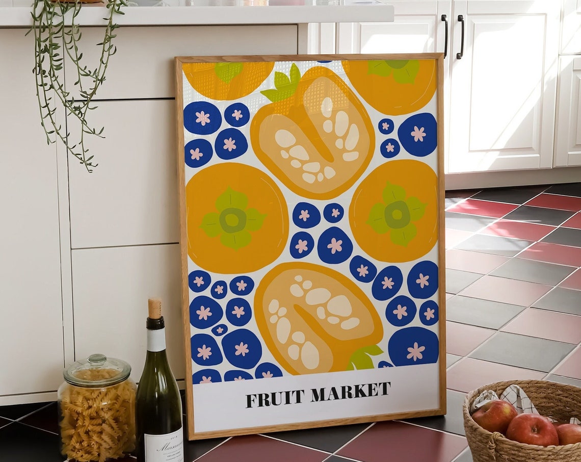 Fruit Market Persimmon And Blueberry Colorful Kitchen Wall Art