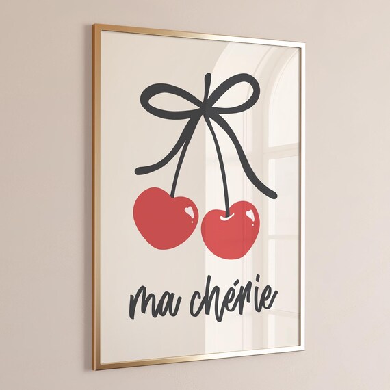 Ma Cherie Cherry Bow Red Pink French Coquette Bedroom Wall Art