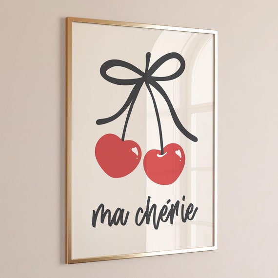 Ma Cherie Print Black Coquette Wall Art Cherry Retro Girly Room Dorm Decor Cute Valentines Day