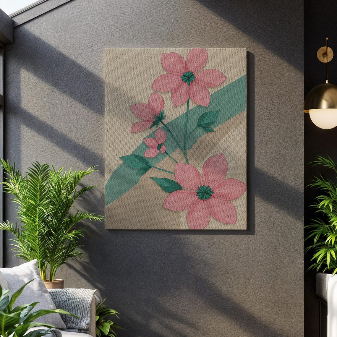 Pink Flowers Green Diagonal Stripe Minimalist Floral Art Poster