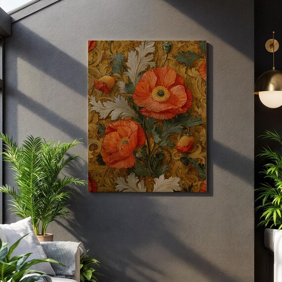 Vintage Poppy Canvas Wall Art Ornate Floral Print With Gold Background Elegant Botanical Artwork For Classic Rustic Or Victorian Decor