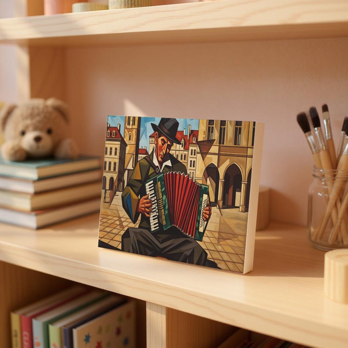 Cubist Accordion Player Street Musician Red Accordion Art Poster