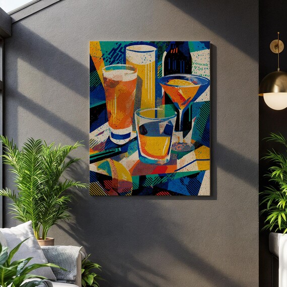 Colorful Abstract Cocktail Bar Cubist Drink Painting Canvas Wall Art