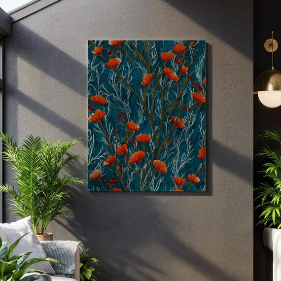Dark Botanical Canvas Wall Art Orange Floral Print On Teal Blue Background Moody Modern Nature Painting Bold Framed Gift For Home