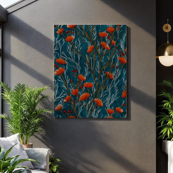 Dark Botanical Orange Poppies On Teal Background Vintage Floral Wall Art
