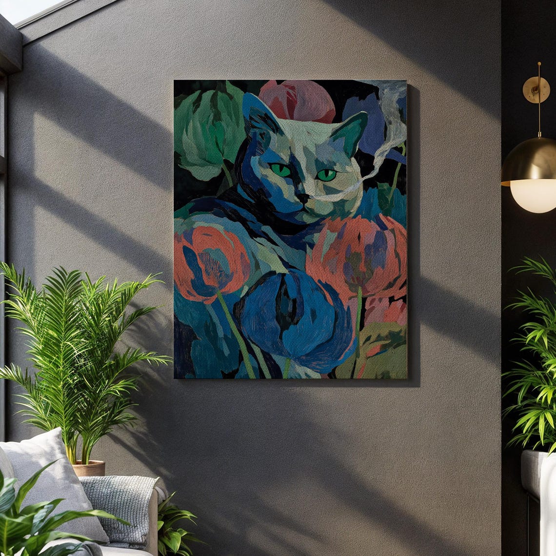 Blue Cat Among Tulips Modern Colorful Feline Abstract Art Poster