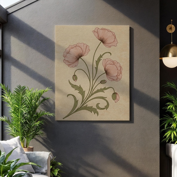 Vintage Botanical Poppy Soft Pink Floral Beige Canvas Elegant Wall Poster