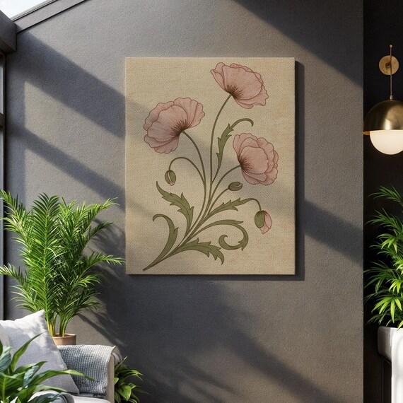 Vintage Botanical Poppy Wall Art Elegant Floral Canvas Print In Beige And Soft Pink Classic Nature Illustration For Timeless Home Decor