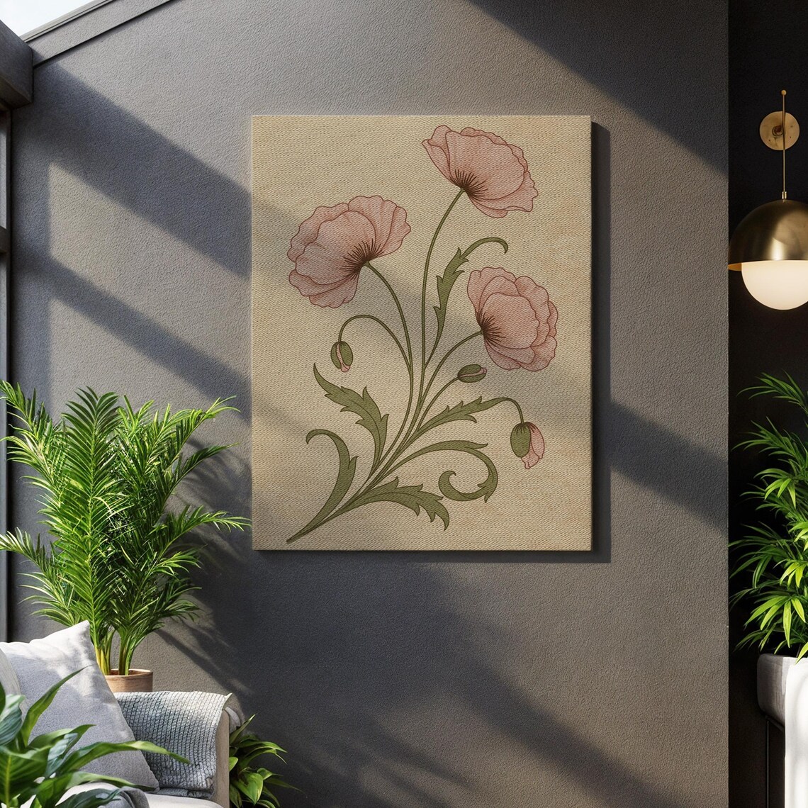 Vintage Botanical Poppy Soft Pink Floral Beige Canvas Elegant Wall Poster