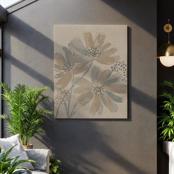 Neutral Floral Canvas Wall Art Beige And Blue Botanical Painting Minimalist Modern Flower Artframed Artwork For Elegant Living Room Decor