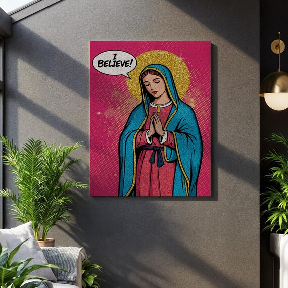 Pop Art Virgin Mary I Believe Comic Canvas Modern Religious Wall Art