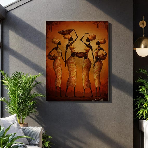 African Women Canvas Wall Art Elegant Tribal Dress Silhouette With Warm Tones Ethnic Culture Painting For Boho Rustic Modern Interiors