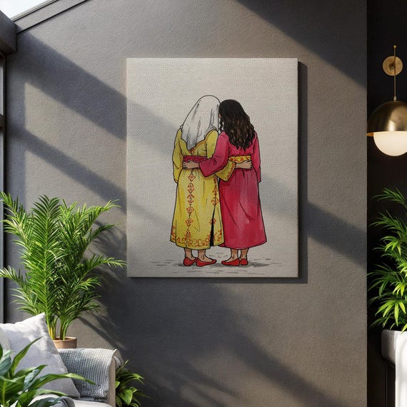 Mother And Daughter Embrace Canvas Traditional Middle Eastern Dress Illustration Heartwarming Family Art Print For Cultural Home Decor