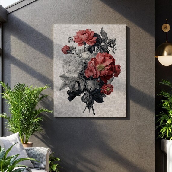 Vintage Botanical Rose Canvas Art Monochrome And Red Flower Bouquet Print Antique Floral Wall Decor Framed Fine For Classic Spaces