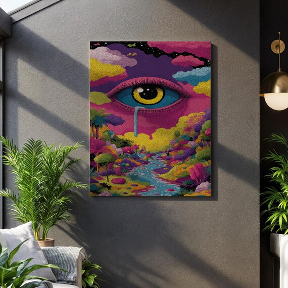 Mystical Eye Reflection Vibrant Tear Cascade Dreamlike River Flow Colorful Water Ripples Enchanted Sky Horizon Mystic Garden Scene