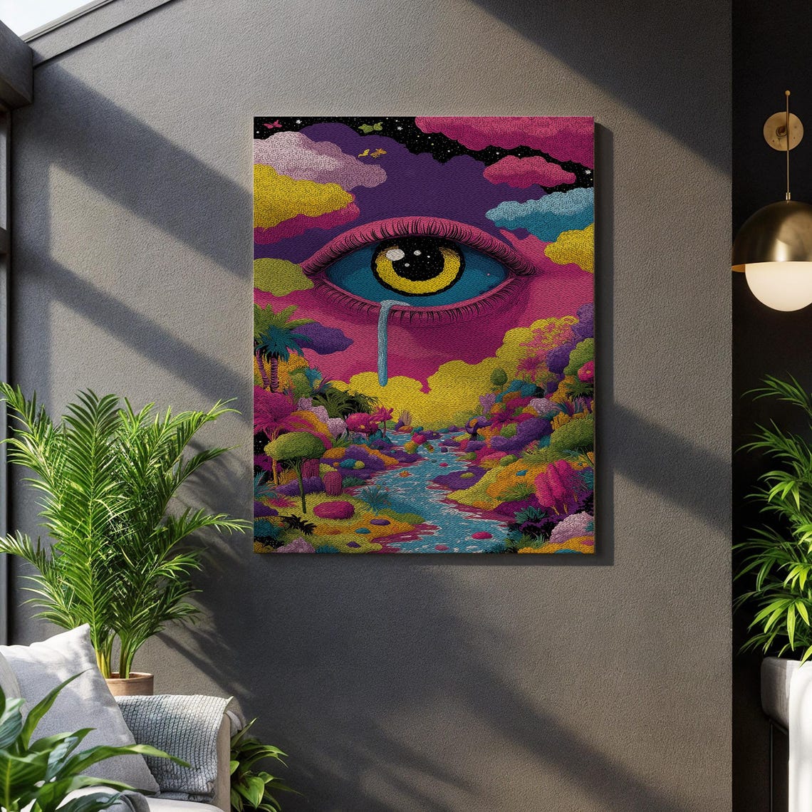 Surreal Giant Crying Eye Over Psychedelic River Landscape Art Poster