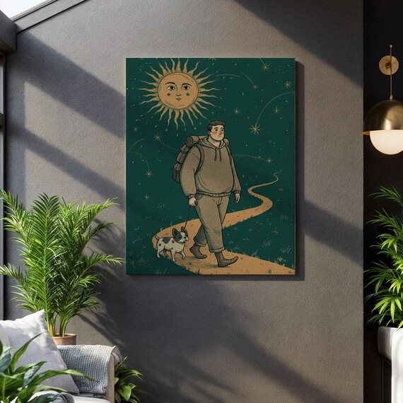 Whimsical Hiker And Dog Canvas Art Starry Night Path With Radiant Sun Charming Nature Illustration For Cozy Home Decor Unique Gift