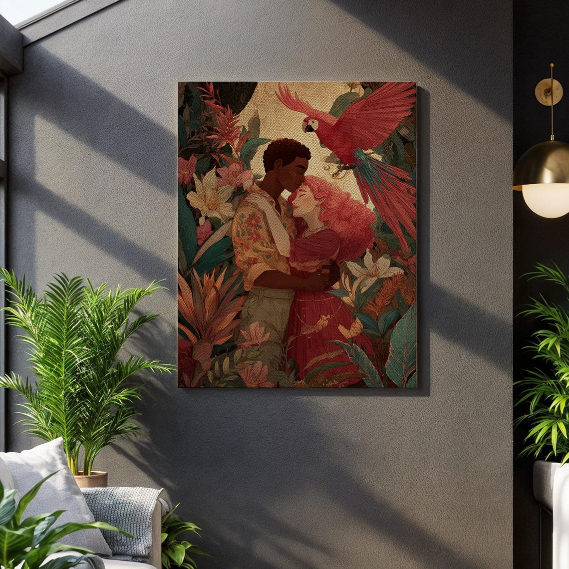 Embracing Couple Red Macaw Tropical Romance Botanical Canvas Wall Art