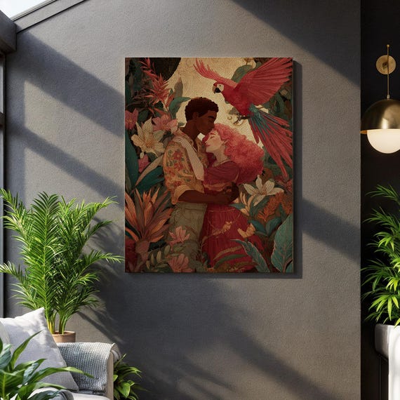 Tropical Romance Wall Art Embracing Couple Canvas Print With Red Macaw Botanical Love Scene Illustration For Boho Jungle Interiors