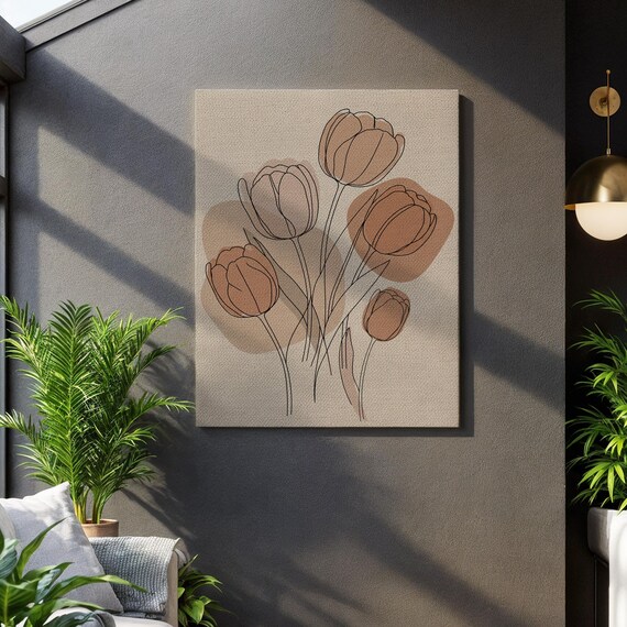 Minimalist Tulip Linework Neutral Beige Floral Botanical Style Wall Art