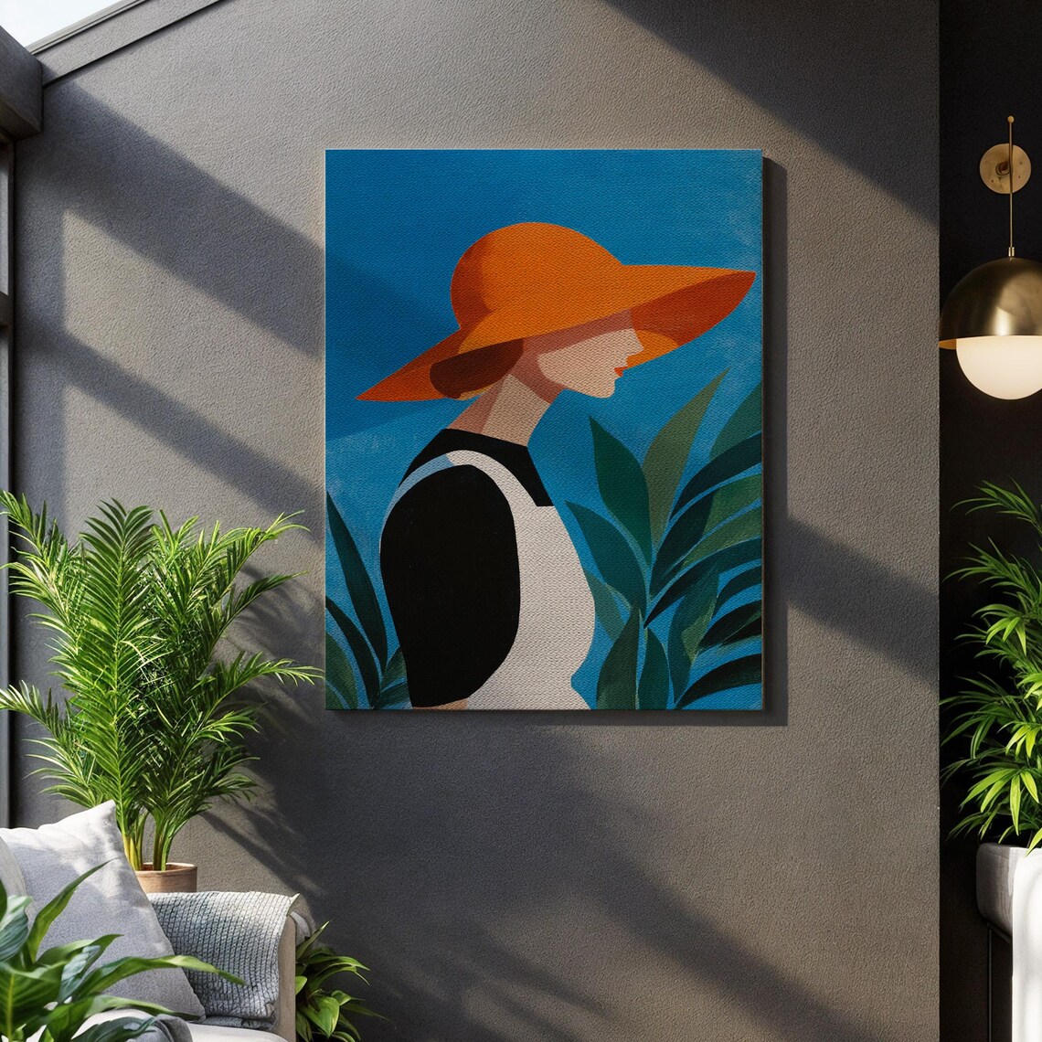 Elegant Woman in Orange Sun Hat Tropical Leaf Illustration Poster