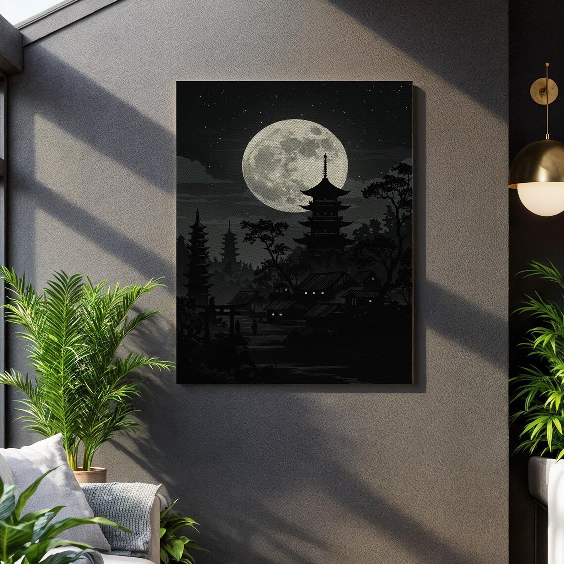 Japanese Moonlit Pagoda Temple Full Moon Night Silhouette Art Poster