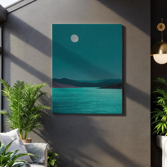 Teal Moonlight Coastal Wall Art Minimal Night Landscape Canvas With Mountains And Water Serene Blue Scene For Modern Zen Interiors