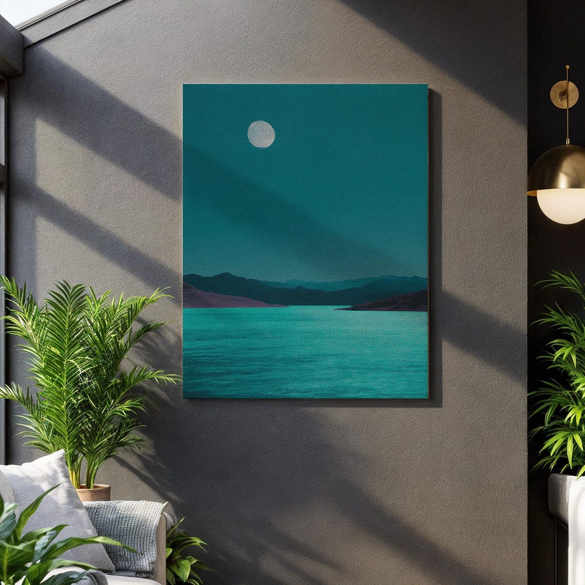 Teal Moonlight Coastal Night Minimal Mountains and Water Zen Wall Art