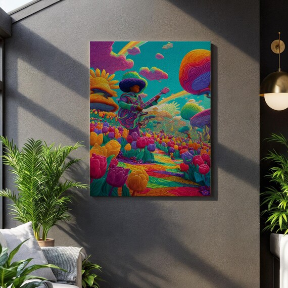 Psychedelic Guitarist Neon Tulip Field Trippy Rock Music Art Poster