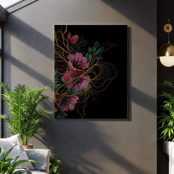 Luxury Floral Canvas Wall Artgold Line Botanical Print On Black Elegant Modern Flower Painting For Living Room Or Office Decorunique Gift