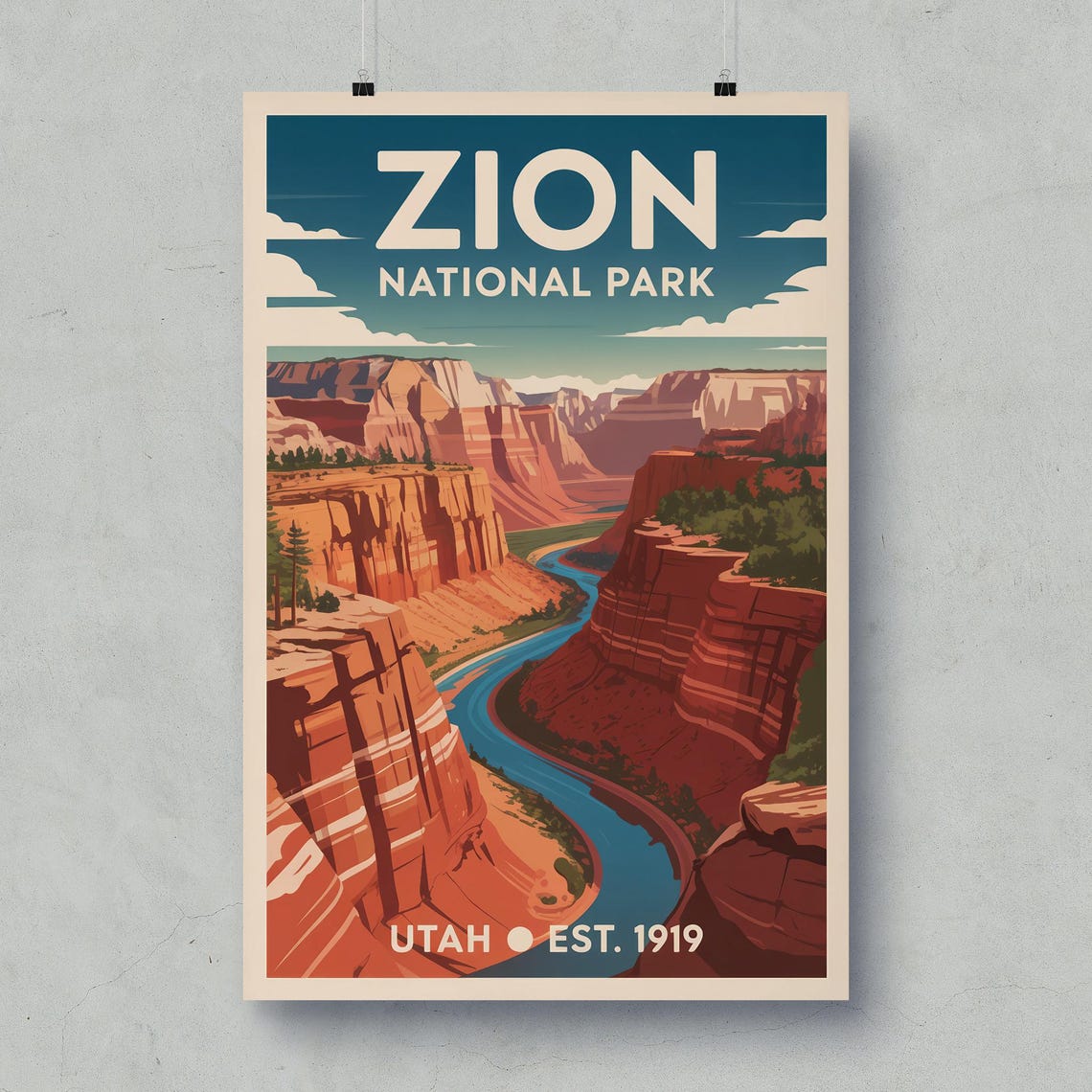 Zion National Park Utah Retro River Canyon Sunset Travel Poster