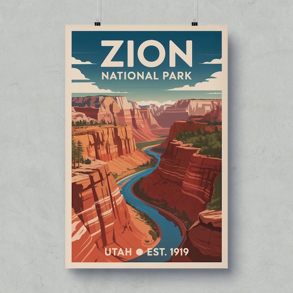 Zion National Park Utah Retro River Canyon Sunset Travel Poster