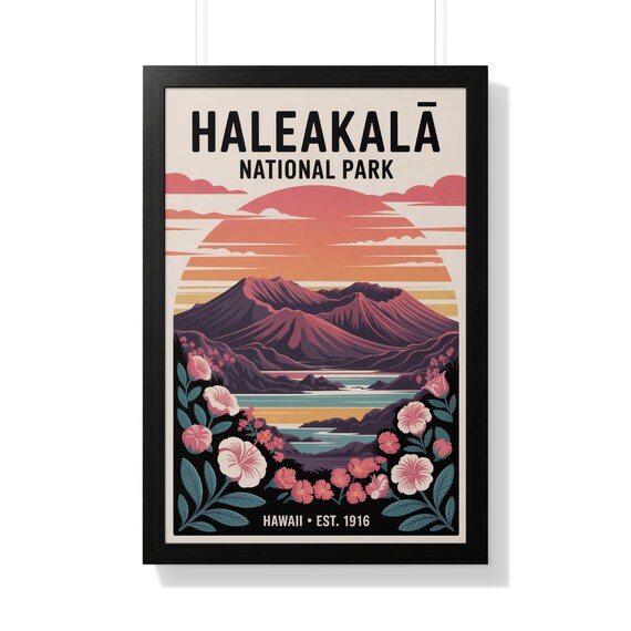 Haleakala Hawaii Hibiscus Volcano Sunset Retro National Park Poster Art