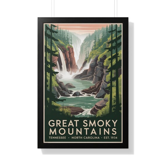 Great Smoky Mountains National Park Waterfall Retro Travel Poster Art