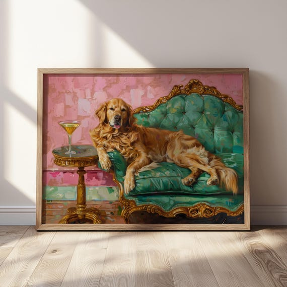 Golden Retriever With Art Print Cute Whimsical Dog Wall Bar Cart Decor Funny Animal For Trendy Home Or Gift
